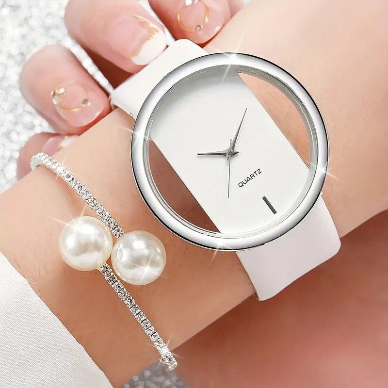 Luxury Watch White - 2 ชิ้นแฟชั่นสีขาวเรียบง่ายนาฬิกา Rhinestone สร้อยข้อมือมุกสําหรับผู้หญิงนาฬิกาควอตซ์ชุดสร้อยข้อมือ