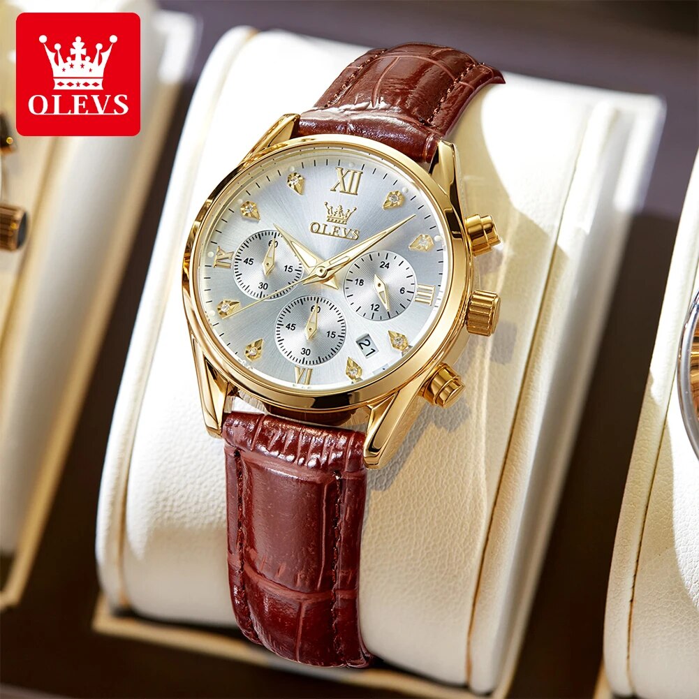 Luxury Watch Leather Strap - OLEVS 5523 นาฬิกาของผู้หญิงสายหนังกันน้ําส่องสว่างโครโนกราฟสุภาพสตรีที่สง่างามนาฬิกาข้อมือหรูหราควอตซ์นาฬิกาสําหรับผู้หญิง