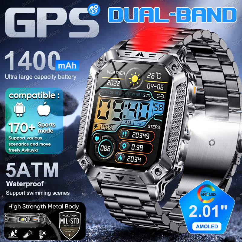 Gmt Dual Timezone Watch - 2026 นาฬิกาสมาร์ท GPS แบบดูอัลแบนด์ทหารชาย 1400mAh แบตเตอรี่ขนาดใหญ่