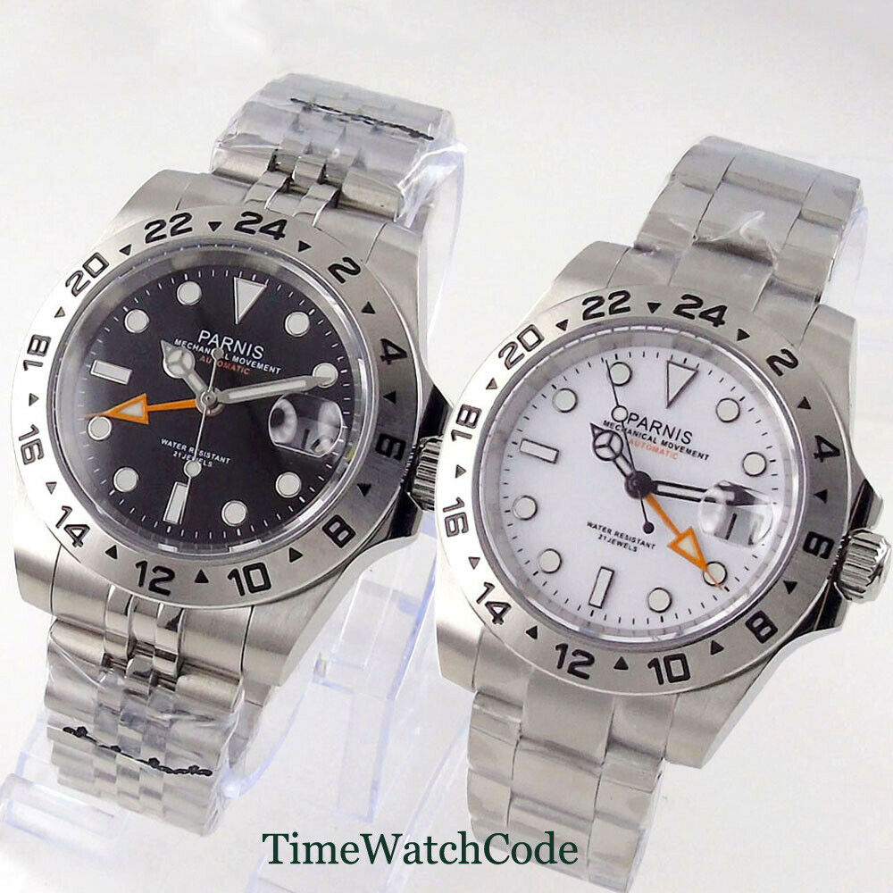 Gmt Dual Timezone Watch - Parnis นาฬิกาออโตเมติกสำหรับผู้ชาย, นาฬิกาอัตโนมัติทำจากแก้วแซฟไฟร์40มม. หน้าปัดสีขาว/ดำมีฟังก์ชัน GMT แสดงวันที่คู่ไซคลอปส์สร้อยข้อมือ316L