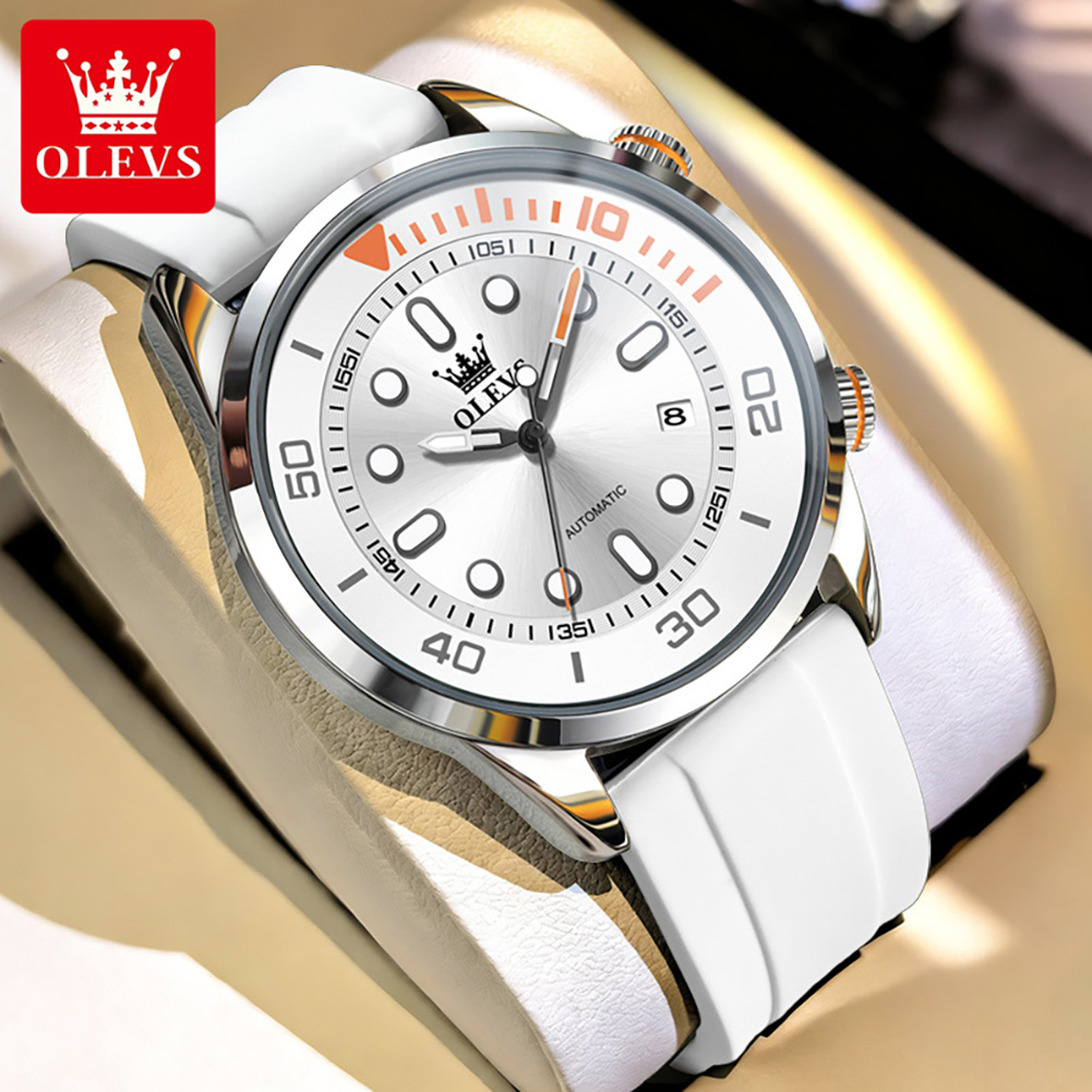 Luxury Watch White - OLEVS นาฬิกาหรู 30M กันน้ำอัตโนมัตินาฬิกาสปอร์ตสายซิลิโคนสีขาวเรืองแสง