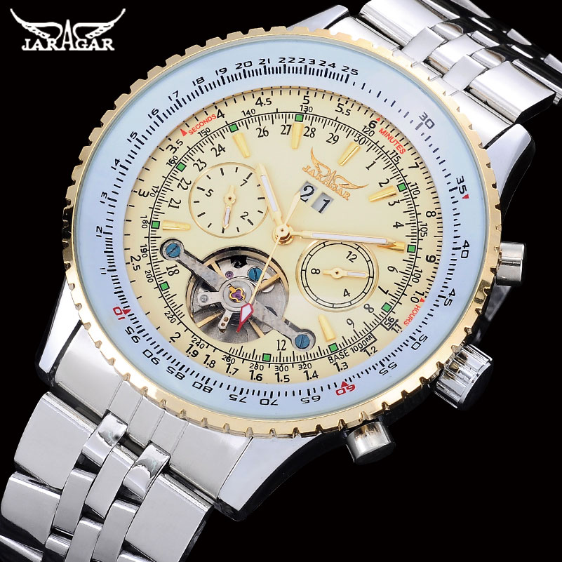 Tourbillon Movement Watch - JARAGAR Mens นาฬิกาสแตนเลสหรูหรา Tourbillon นาฬิกาผู้ชายอัตโนมัตินาฬิกาข้อมือ Erkek