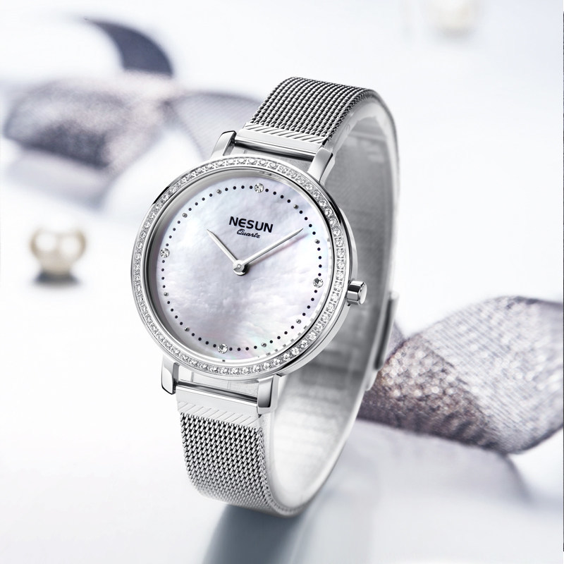 Luxury Watch Japan Brand - สวิตเซอร์แลนด์ NESUN นาฬิกาผู้หญิงญี่ปุ่น MIYOTA ควอตซ์หน้าปัดมุกไรน์สโตนนาฬิกาบางเฉียบ N8809L