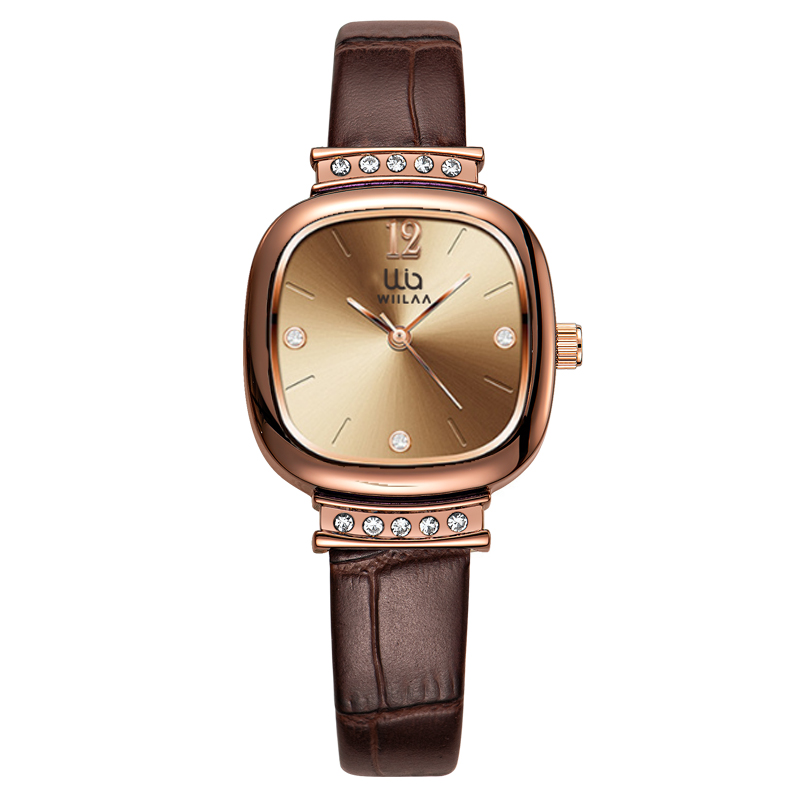 Luxury Watch Leather Strap - นาฬิกาข้อมือผู้หญิงสีโรสโกลด์ทรงสี่เหลี่ยม สายหนังแท้ประดับเพชรเทียม กันน้ำ 30 เมตร เหมาะสำหรับการใช้งานในชีวิตประจำวัน