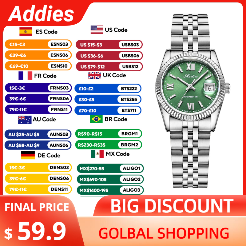 Luxury Watches - แอดดี้ส์นาฬิกาหรูคุณภาพสูงสำหรับผู้หญิงกระจกแซฟไฟร์ 316L สแตนเลส BGW9 ลูมินัส 50