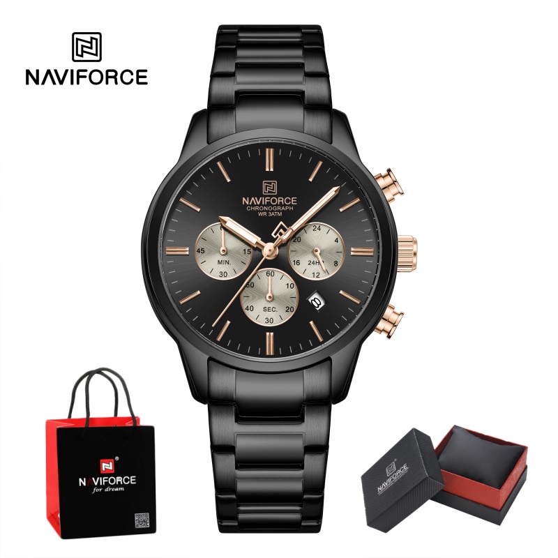 Luxury Watch Men - นาฬิกาข้อมือผู้ชาย NAVIFORCE ระบบควอตซ์โครโนกราฟ กันน้ำ แสดงวันที่ สายเหล็ก