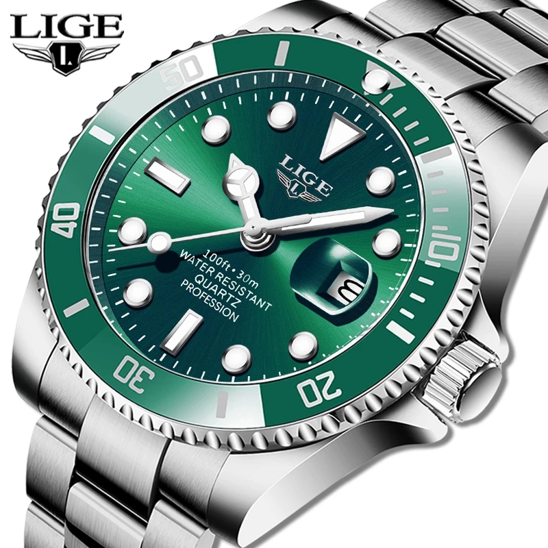 Luxury Watch Mockup - LIGE Luxury แฟชั่น Diver นาฬิกาผู้ชาย30ATM กันน้ำวันที่นาฬิกา