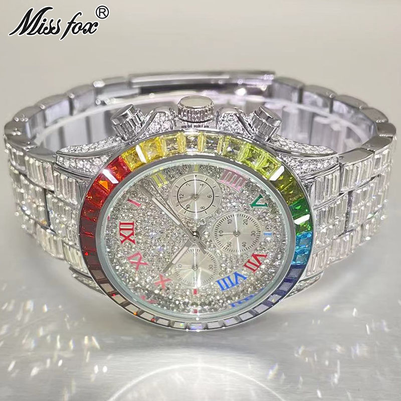 Luxury Watch Mockup - MISSFOX Luxury Iced นาฬิกาผู้ชายแฟชั่นแบรนด์กันน้ำนาฬิกาควอตซ์ Rainbow สี่เหลี่ยมผืนผ้าเพชรนาฬิกาข้อมือของขวัญ