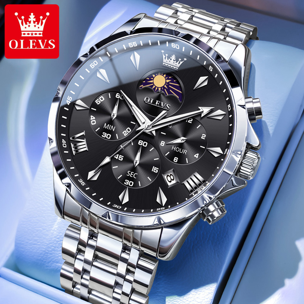 Luxury Watch Mockup - นาฬิกาข้อมือผู้ชาย OLEVS 3653 พร้อมฟังก์ชันแสดงข้างขึ้นข้างแรม ปฏิทิน กันน้ำ