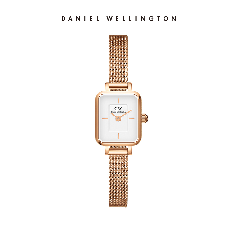 Luxury Watch White - นาฬิกาผู้หญิงแดเนียล เวลลิงตัน ควอดโร มินิสายตาข่ายสีโรสโกลด์นาฬิกาหรูหราทรงสี่เหลี่ยมสีเขียวมรกตสีแชมเปญหน้าปัดสีขาว