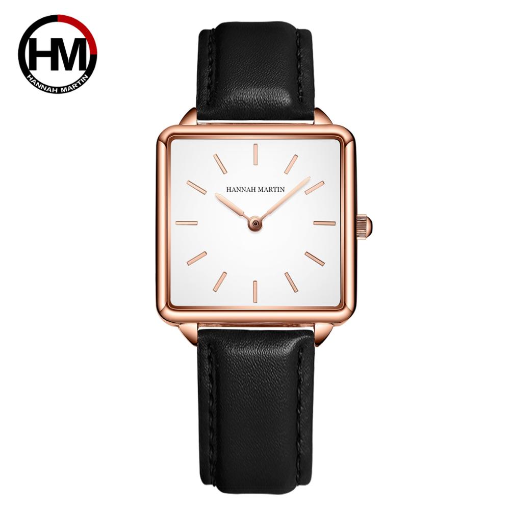 Luxury Watch Japan Brand - สายหนังแท้Japan Quartz Movement HM-108ผู้หญิงง่ายออกแบบนาฬิกาข้อมือLadies Square Dialนาฬิกา
