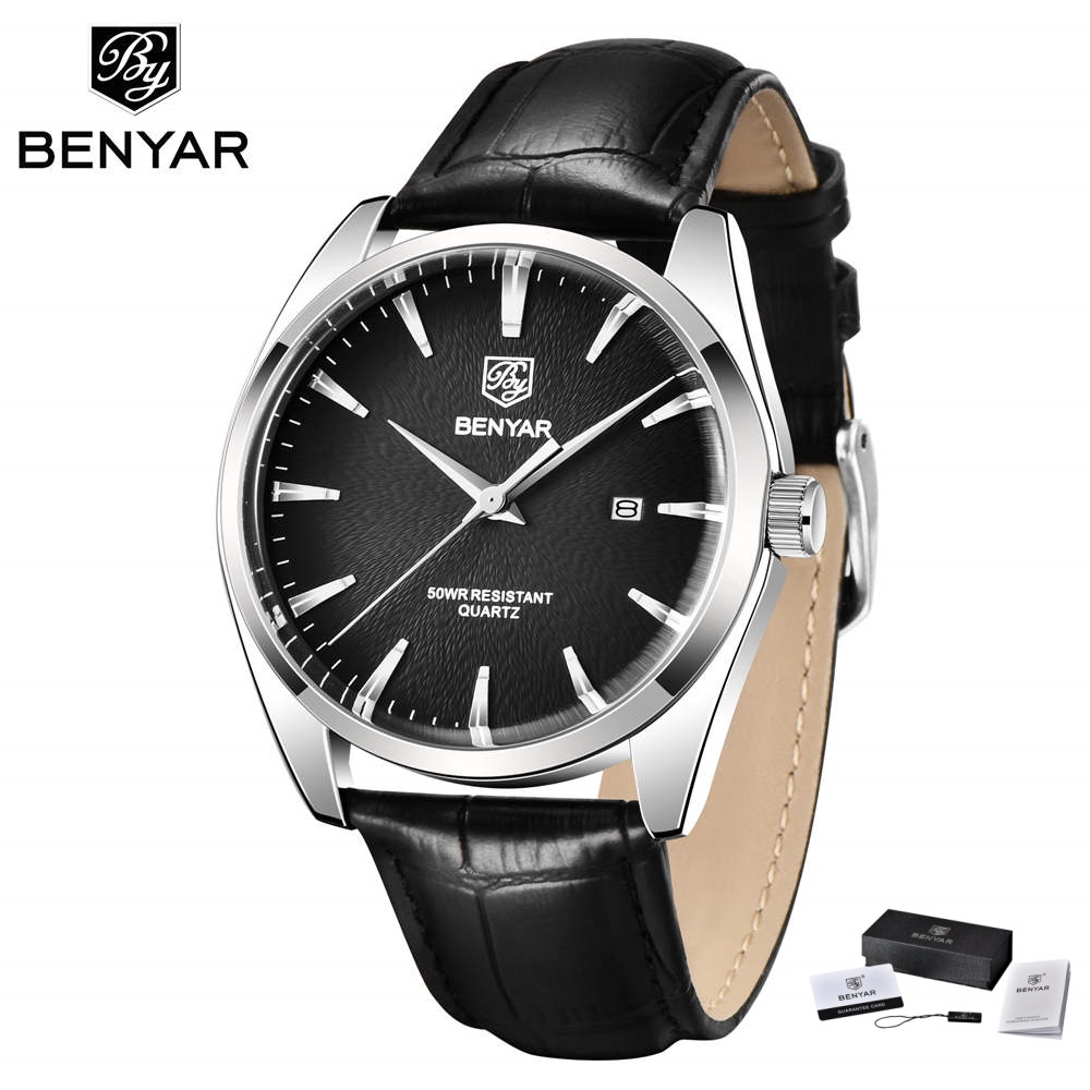 Luxury Watch Mockup - นาฬิกาข้อมือแบรนด์หรู Benyar 5163 สไตล์ทหาร สายหนัง ควอตซ์