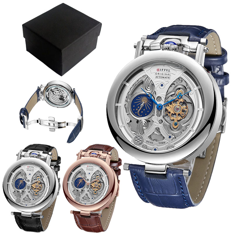 Tourbillon Movement Watch - นาฬิกาข้อมือผู้ชายแบบกลไกไขลาน ดีไซน์หรูหรา หน้าปัดเปลือยโชว์กลไก พร้อมฟังก์ชั่นแสดงข้างขึ้นข้างแรม สายหนัง