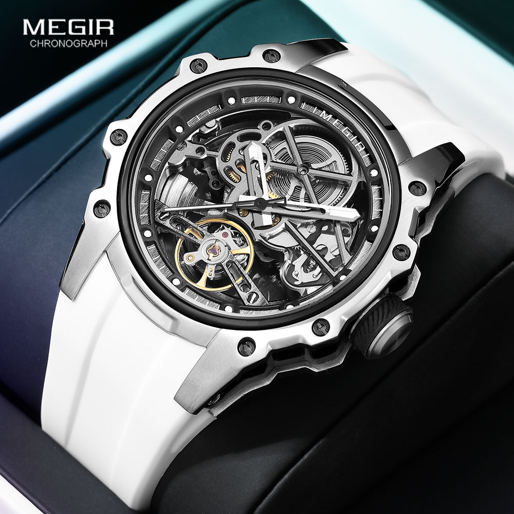 Luxury Watch White - MEGIR นาฬิกาสปอร์ตอัตโนมัติสำหรับผู้ชายแฟชั่นนาฬิกาข้อมือสแตนเลสพร้อมสายซิลิโคนสีขาวหน้าปัดโครงกระดูก