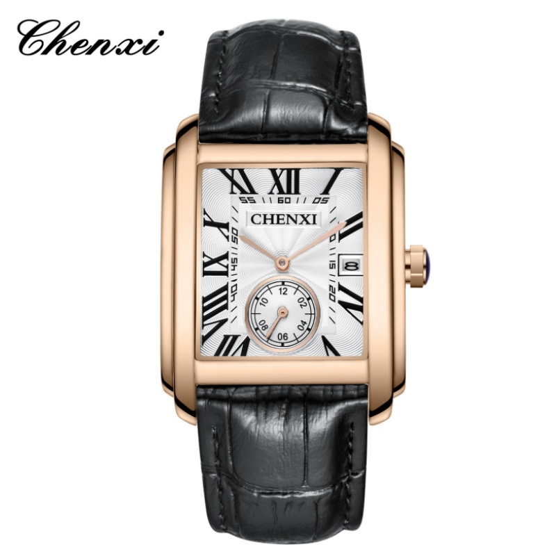 Luxury Watch Mockup - CHENXI 8216 แฟชั่นคลาสสิกสแควร์สายหนังสีน้ําตาลนาฬิกาข้อมือ Mens Top Luxury