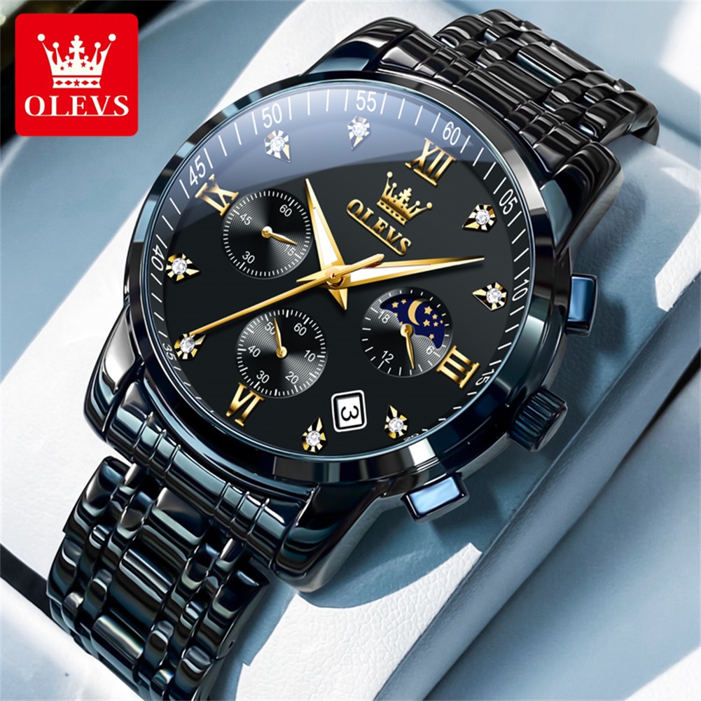 Luxury Watch Mockup - OLEVS นาฬิกาผู้ชายยอดนิยมสแตนเลสสีดำมูนเฟสโครโนกราฟนาฬิกาควอทซ์สำหรับผู้ชายวันที่นาฬิกาข้อมือแบรนด์เดิม