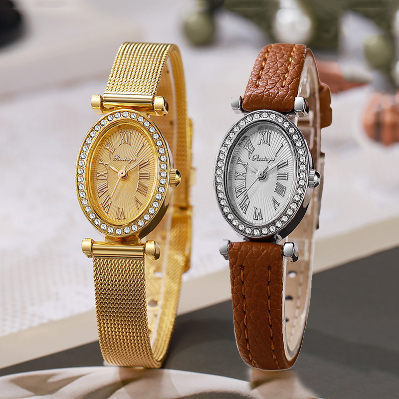 Luxury Watch Leather Strap - นาฬิกาข้อมือผู้หญิงหรูหรา แฟชั่นหน้าปัดเพชรรูปวงรี ระบบควอตซ์ สายหนัง ขายส่ง นาฬิกานักเรียน