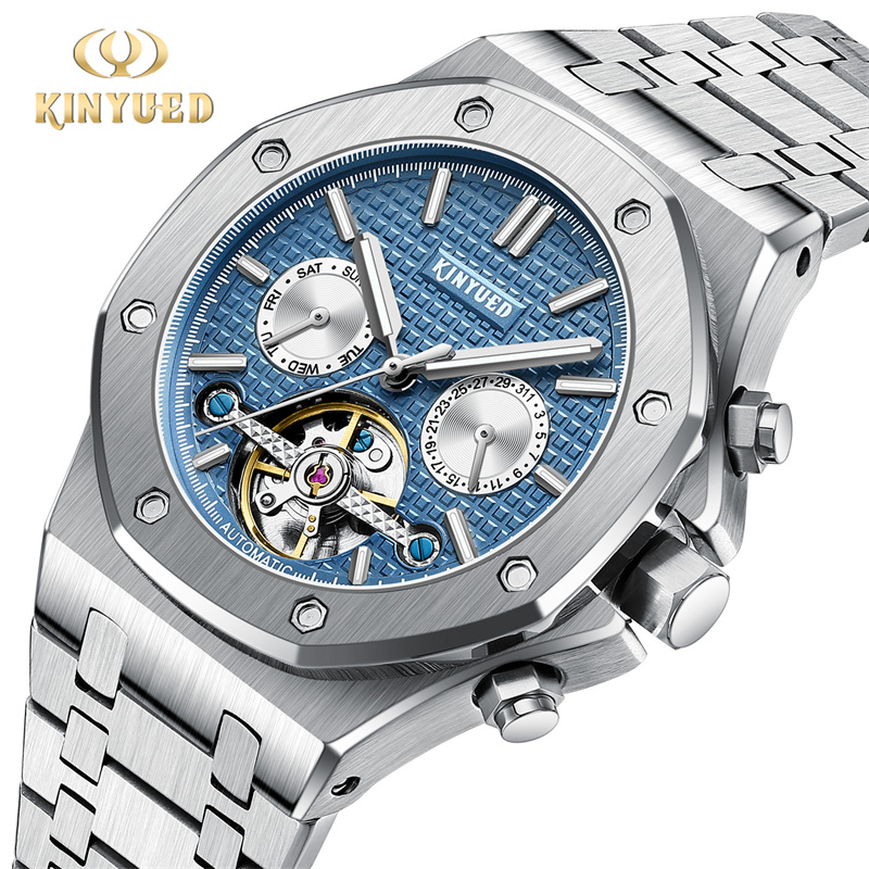 Tourbillon Movement Watch - KINYUED แบรนด์แฟชั่น Blue Mechanical นาฬิกาผู้ชายสแตนเลสกันน้ํา Tourbillon