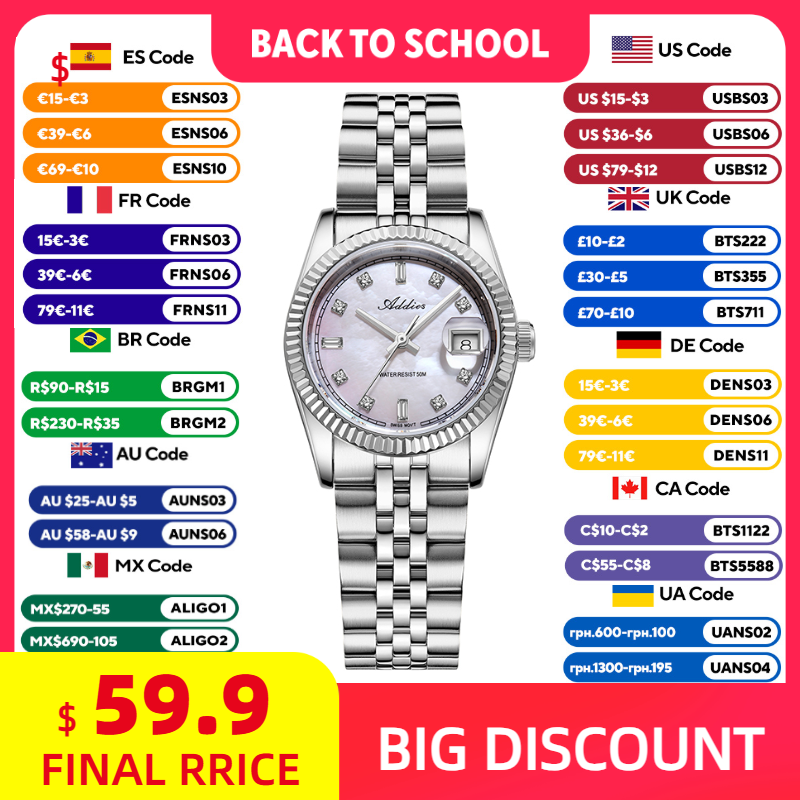 Luxury Watches - ADDIES 585 ควอตซ์นาฬิกาผู้หญิงกระจกแซฟไฟร์ 5 บาร์กันน้ำ 316L